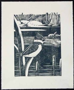 Kingfisher, Turtles, Snow Linocut