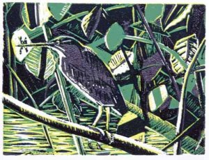 Green Heron with Twelve-spotted Skimmer Reduction Linocut